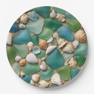 Beach Blue and Green Sea Glass and Seashells Paper Plate
