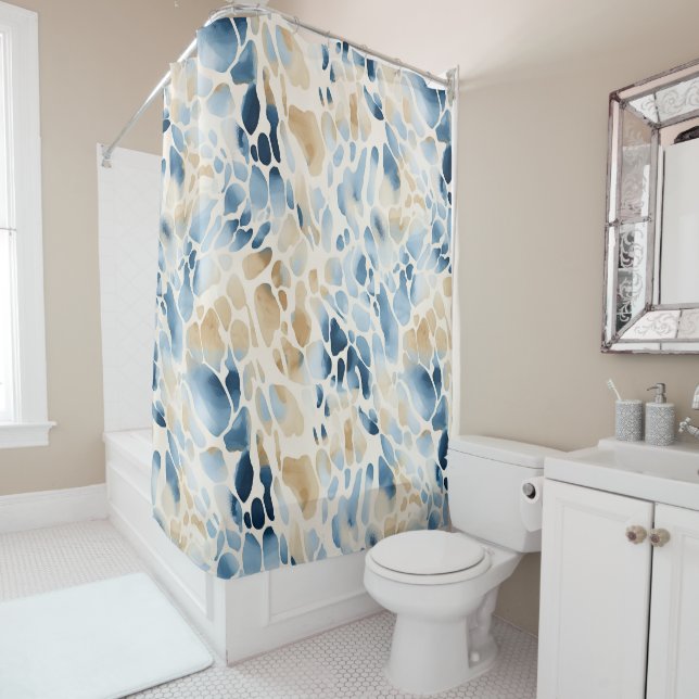 Beach Blue and Tan Wave Pattern Shower Curtain (In Situ)