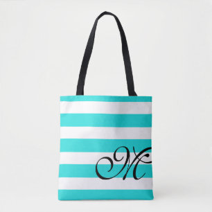 Beach Blue Aqua & White Stripes Monogram Tote Bag
