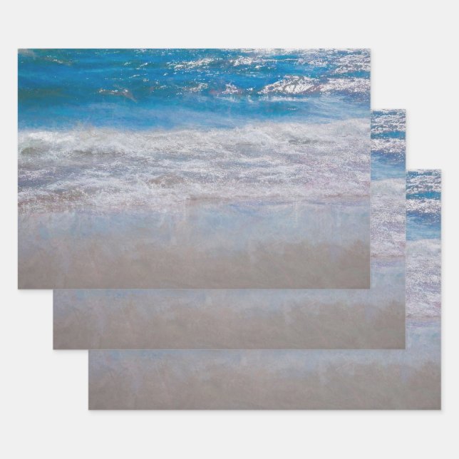 Beach Blue Coastal Ocean Waves Tropical Art Wrapping Paper Sheet (Set)