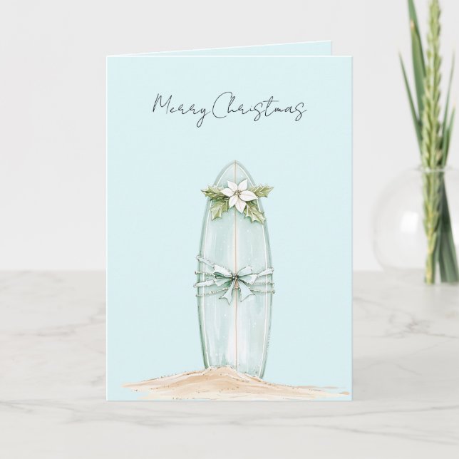 Beach Blue Coastal Surf Board Christmas   Card (Front)
