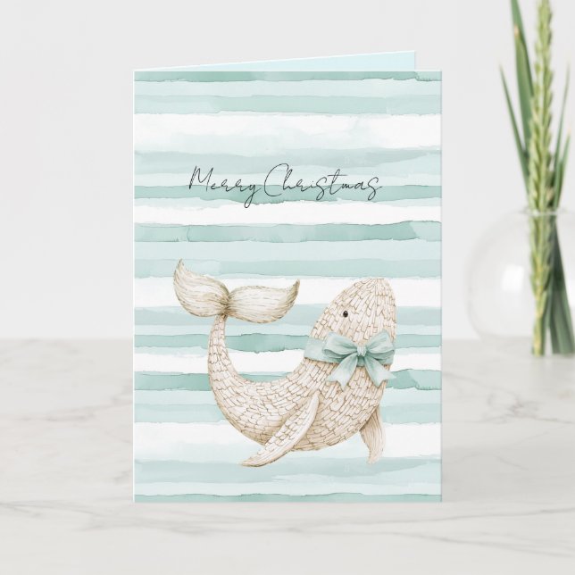 Beach Blue Coastal White Whale Christmas   Card (Front)