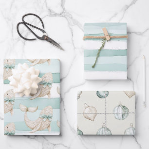 Beach Blue Coastal White Whale Stripes Christmas   Wrapping Paper Sheet