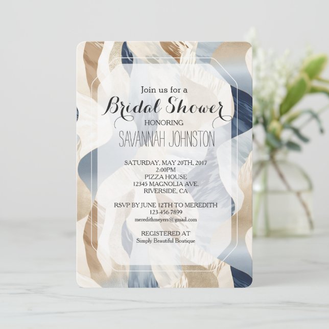 Beach Blue Cream Sand Ivory Abstract Bridal Shower Invitation (Standing Front)