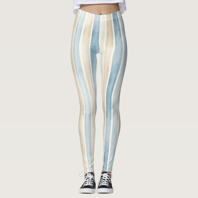 Beach Blue Cream Stripes Leggings (Front)