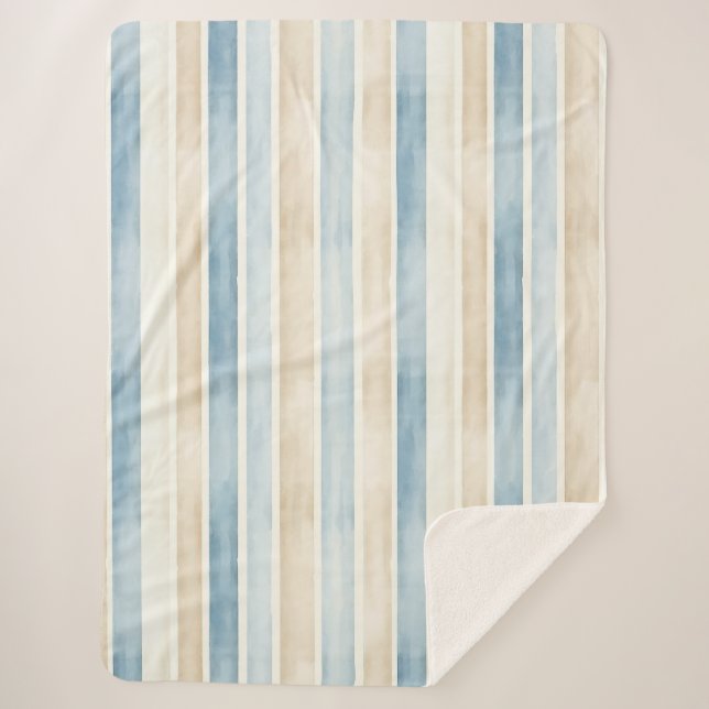 Beach Blue Cream Stripes Sherpa Blanket (Front)