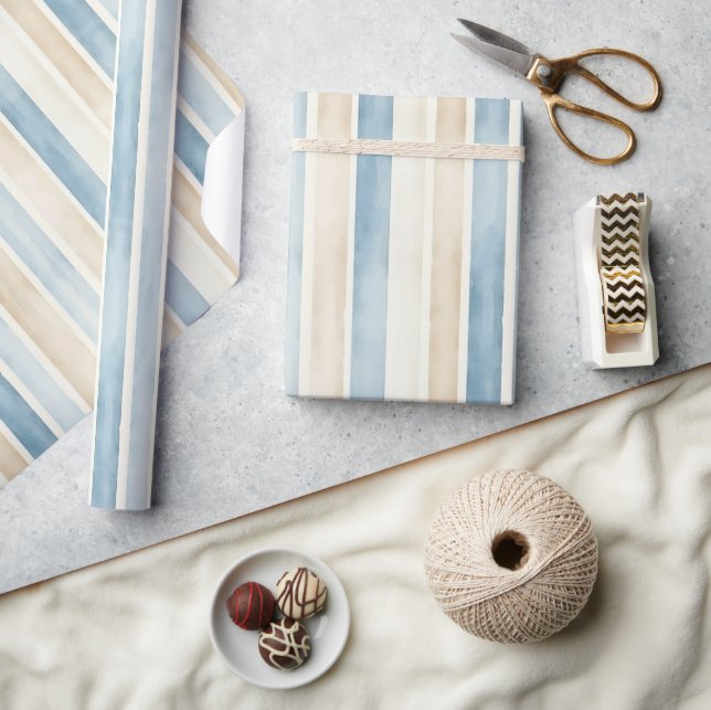Beach Blue Cream Stripes Wedding Wrapping Paper (Crafts)