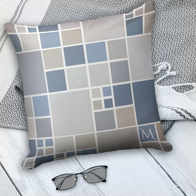 Beach Blue Monogram Geometric Pattern Pillow (Creator Uploaded)