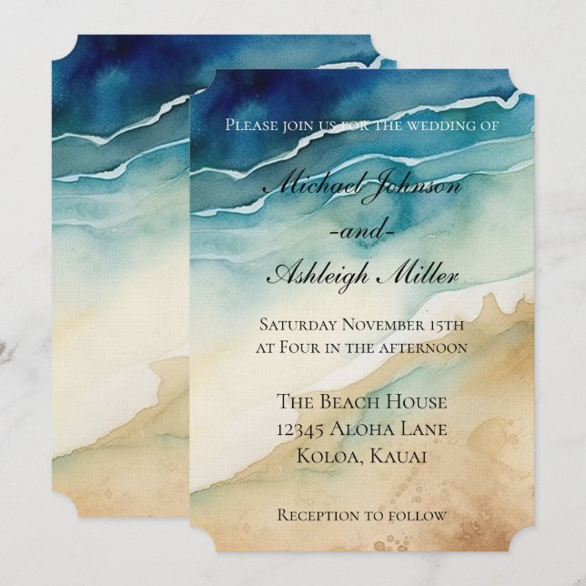 Beach Blue Ocean Sand Wedding Invitation (Front/Back)