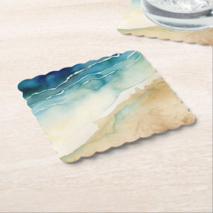 Beach Blue Ocean Sand Wedding Paper Coaster