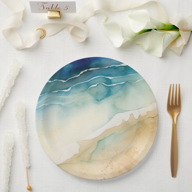 Beach Blue Ocean Sand Wedding Paper Plate (Wedding)