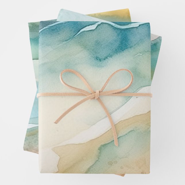 Beach Blue Ocean Sand Wedding Wrapping Paper Sheet (In situ)