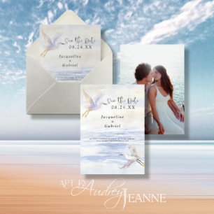Beach Blue Ocean Watercolor White Cranes Seashore Save The Date