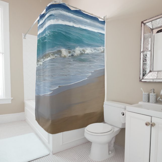Beach Blue Ocean Waves Shower Curtain (In Situ)