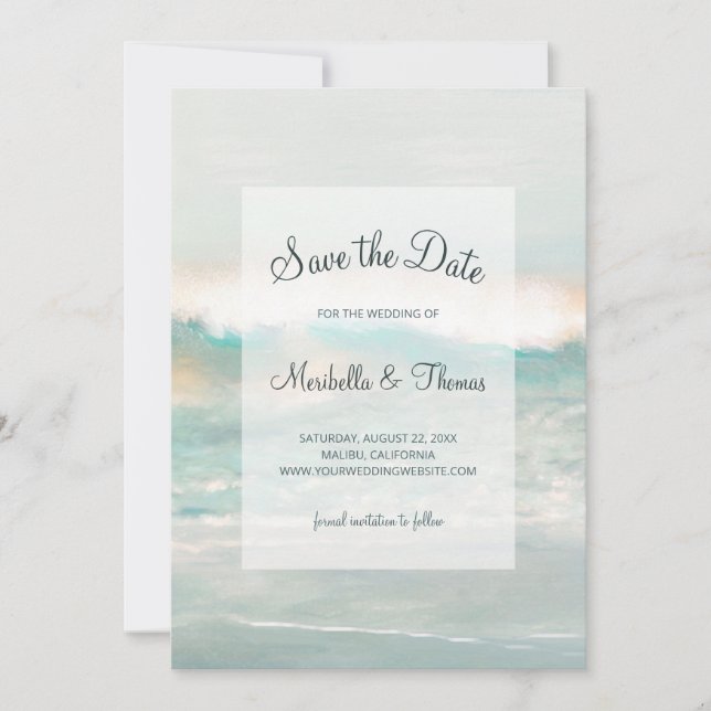 Beach Blue Ocean Waves Wedding Save The Date (Front)