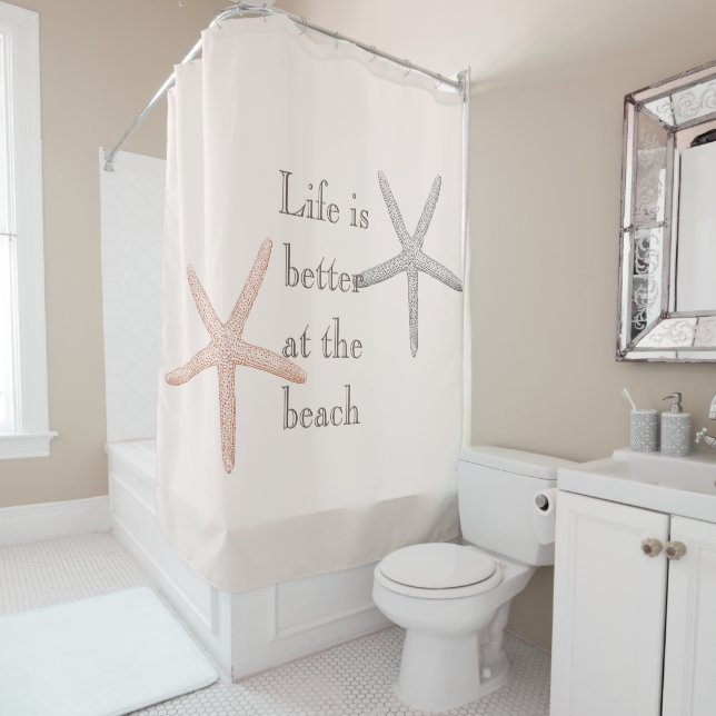 Beach Blue Peach Starfish  Shower Curtain (In Situ)
