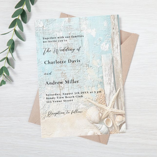 Beach blue sand starfish driftwood wedding invitation (Creator Uploaded)