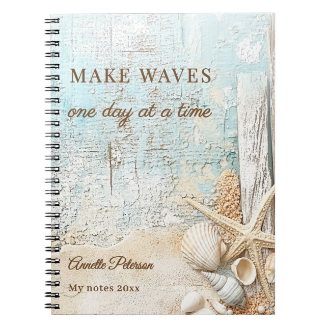 Beach blue sand starfish shell motivational notebook (Front)