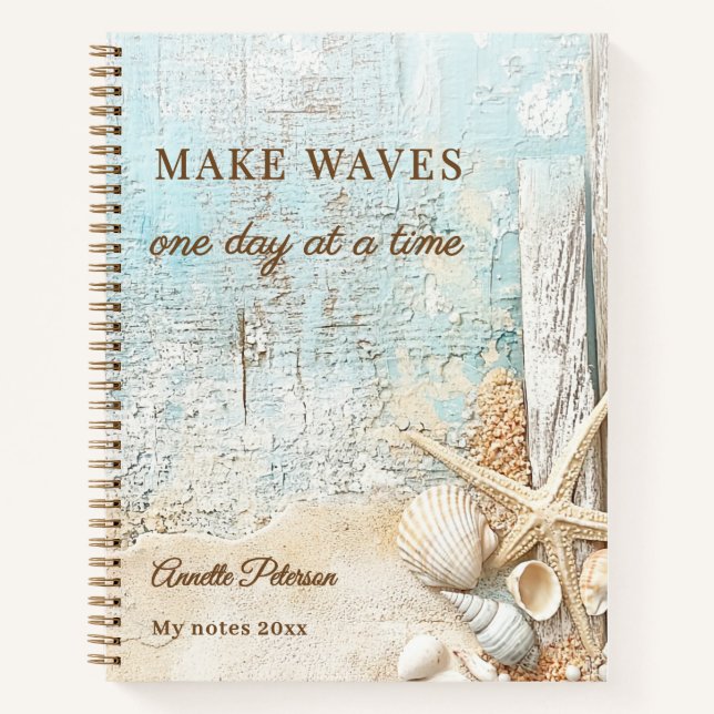 Beach blue sand starfish shell motivational notebook (Front)