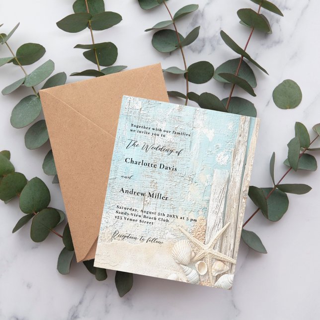 Beach blue sand starfish wood wedding invitation (Creator Uploaded)