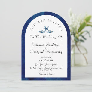 Beach Blue Seashell Navy Blue Watercolor Wedding  Invitation