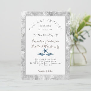 Beach Blue Seashell Silver Gray  Elegant Wedding  Invitation