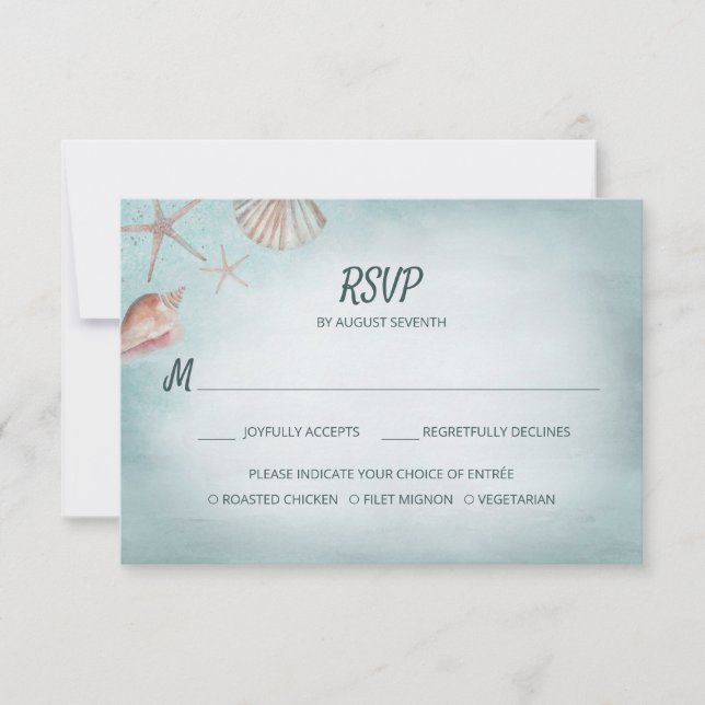 Beach Blue Seashells Meal Choice Wedding RSVP (Front)