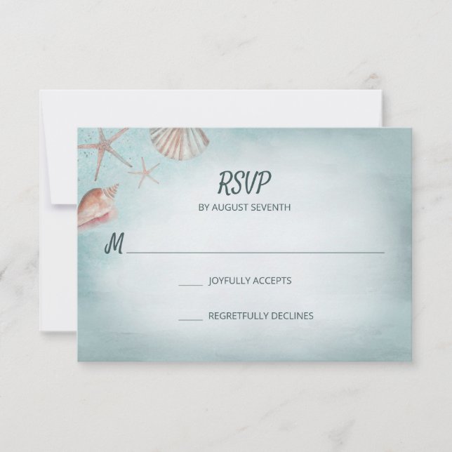 Beach Blue Seashells Watercolor Wedding RSVP (Front)