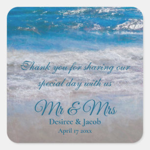 Beach Blue Tropical Wedding Coastal Ocean Waves Square Sticker