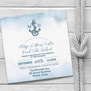 Beach Blue Watercolor Anchor Nautical Wedding  Invitation