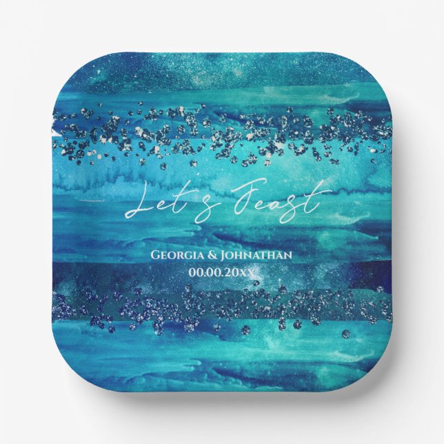 Beach blue watercolor waves nautical marine chic paper plate (Front)