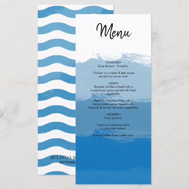 Beach Blue Watercolor Wedding  Menu (Front/Back)