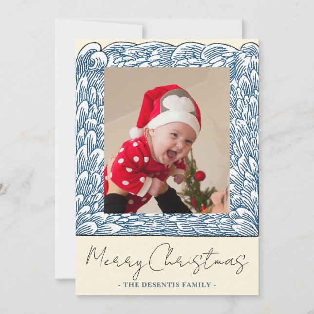 Beach Blue Wave Frame One Photo Christmas Holiday Card (Front)