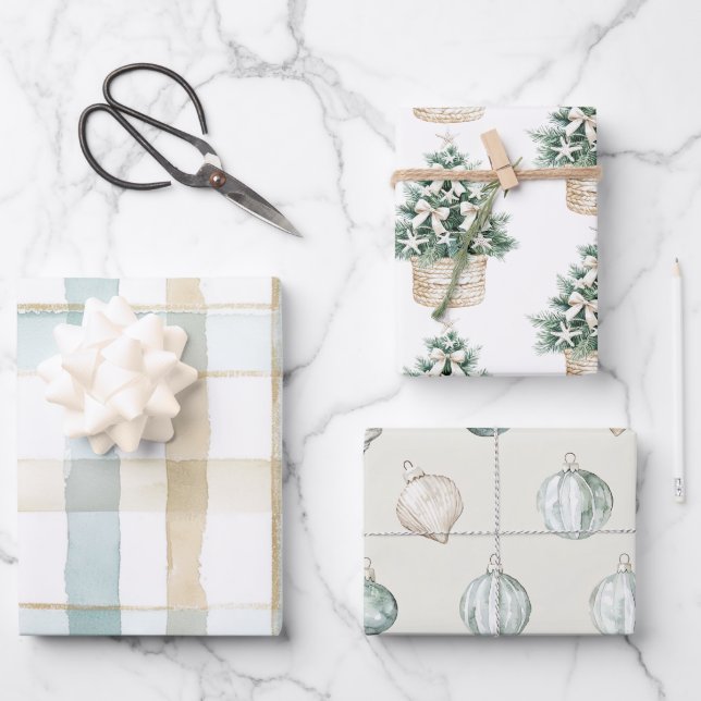 Beach Blue White Christmas Tree Ornaments Wrapping Paper Sheet (Front)