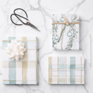 Beach Blue White Cream Plaid Christmas Ornaments Wrapping Paper Sheet
