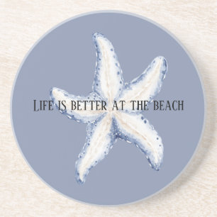 Beach Blue White Starfish Quote Coaster