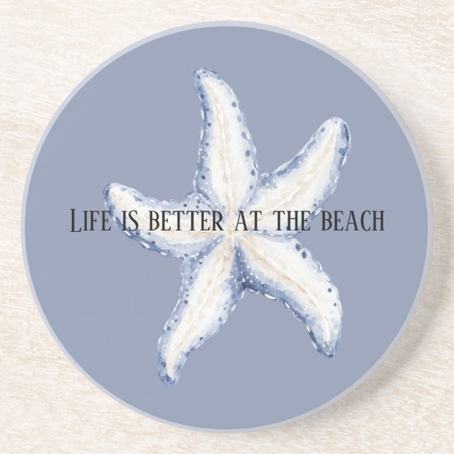Beach Blue White Starfish Quote Coaster (Front)