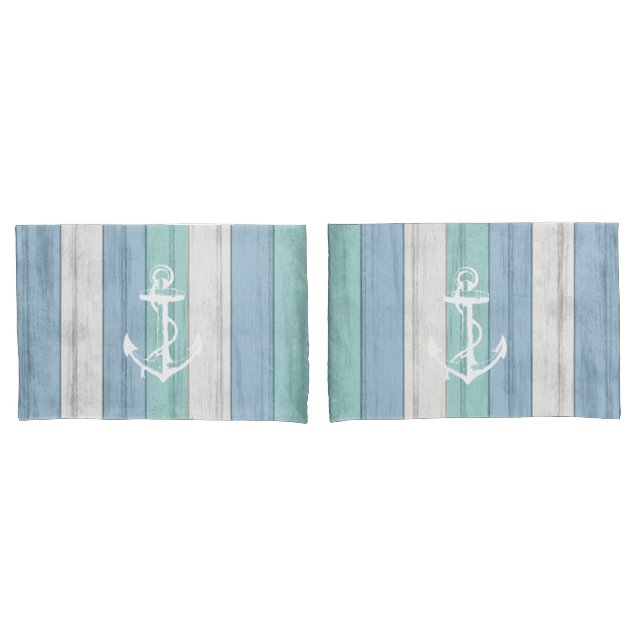 Beach Blue Wood Nautical Stripes & Anchor  Pillowcase (Front-Set)