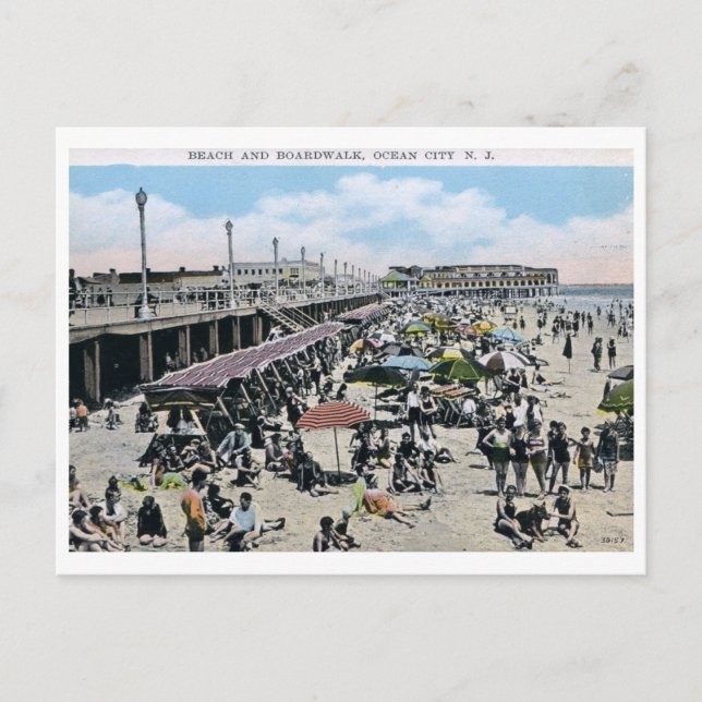 Beach & Boardwalk, Ocean City, NJ Vintage Postcard (Front)