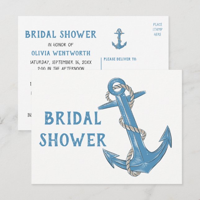 Beach Boat Anchor Blue Nautical Bridal Shower Invitation Postcard (Front/Back)
