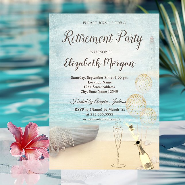 Beach Boat Lighthouse  Balloons,Wine Retirement  Invitation (Creator Uploaded)