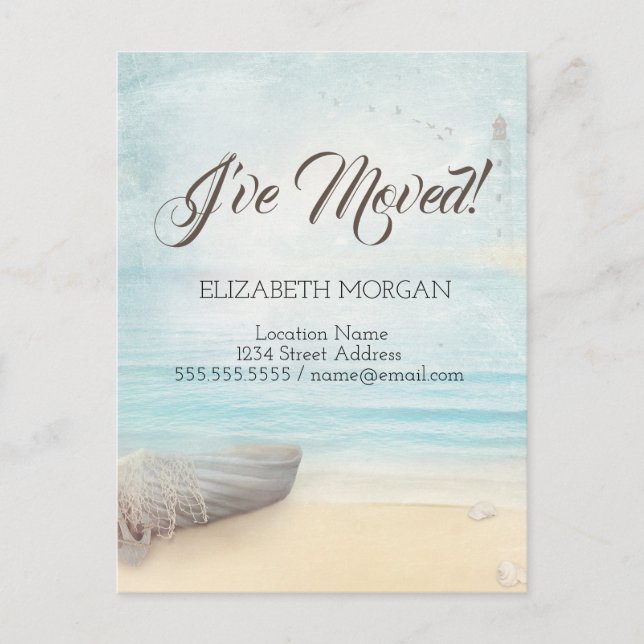 Beach Boat Lighthouse Moving  Announcement Postcard (Front)