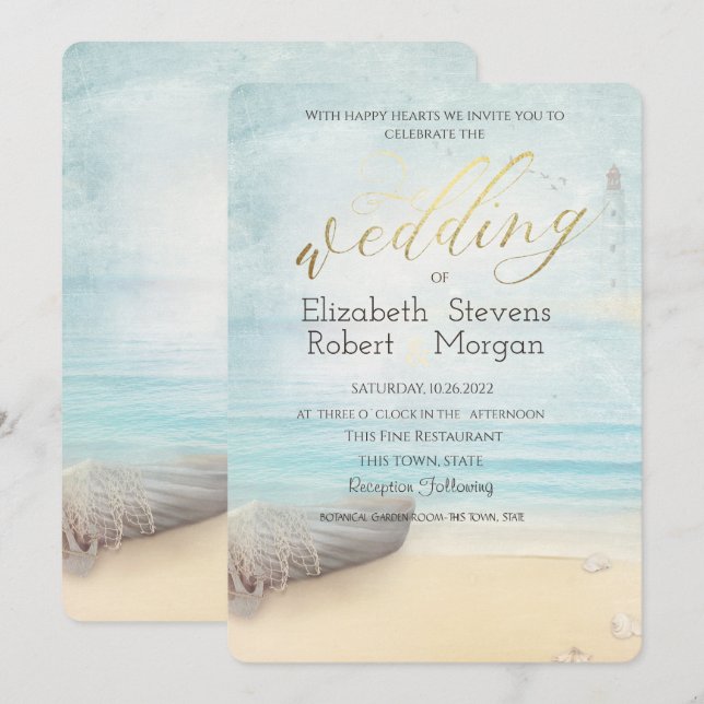 Beach Boat Lighthouse Wedding  Invitation (Front/Back)