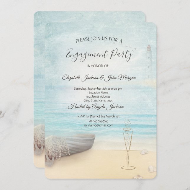 Beach Boat Lighthouse Wine Glass Engagement   Invitation (Front/Back)