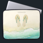 Beach Botanical Flip Flops<br><div class="desc">Beautiful watercolor botanical island flowers and foliage embellished flip flops on sandy beach, personalized laptop sleeve.</div>