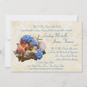 Beach Bouquet and Seashells Destination Wedding Invitation