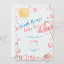 beach breeze girl pink baby shower invitation