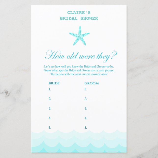 Beach Bridal Shower Game, Nautical, Mermaid (Front)