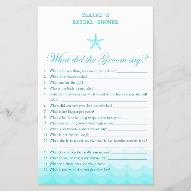 Beach Bridal Shower Game, Nautical, Mermaid (Front)
