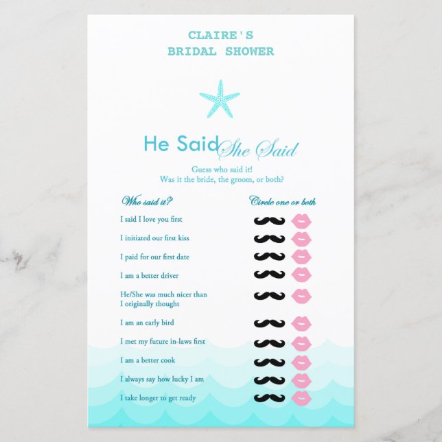 Beach Bridal Shower Game, Nautical, Mermaid (Front)